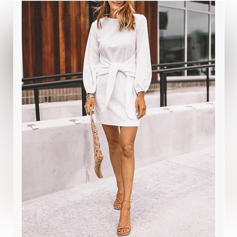 Pretty Garden White Crewneck Balloon Sleeves Waist Tie Fit&Flare Mini Dress S